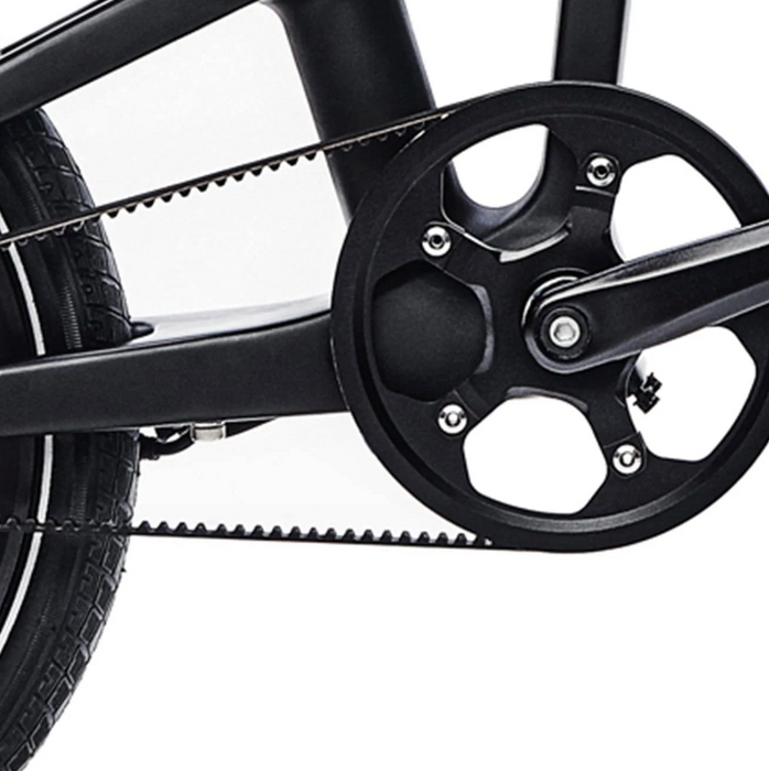 Close view of the Carbo Model X electric bike's belt drive. 