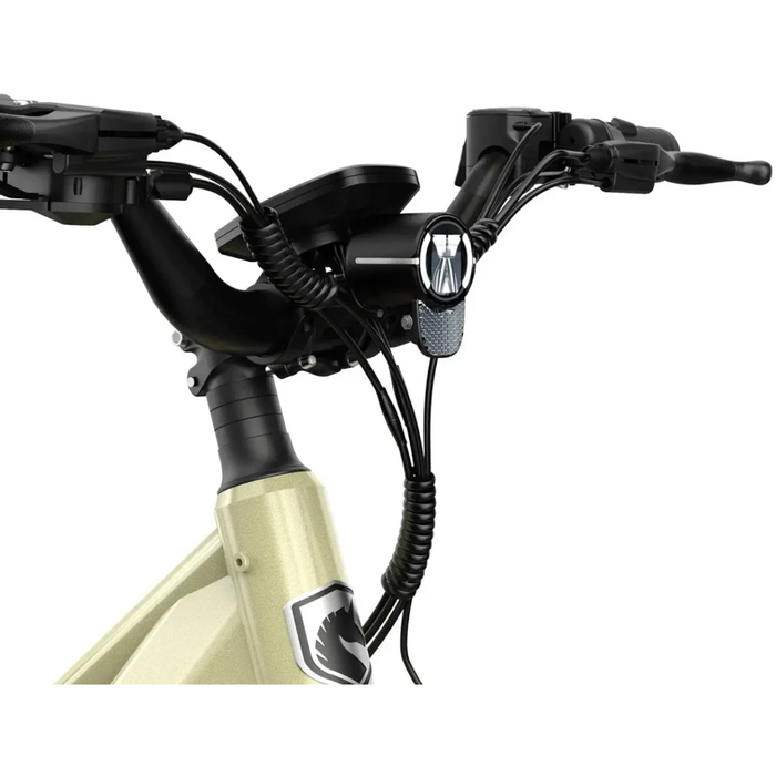 Close up of the handlebars on a Champagne HOVSCO HovCity Electric Bike.