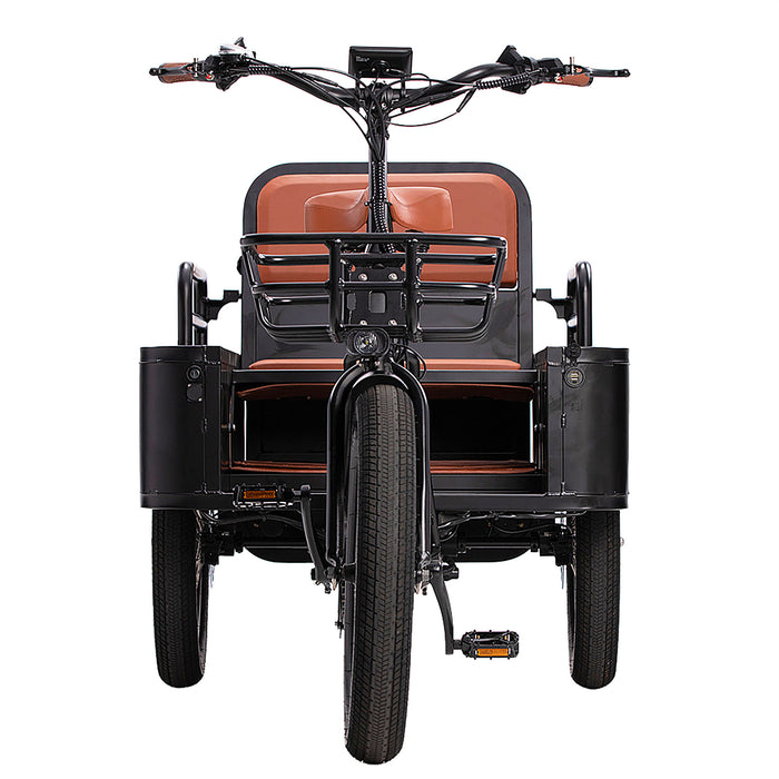 Front view of the Oh Wow Conductor+ electric rickshaw in black.  