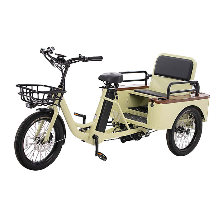 Side view Oh Wow Cycles Conductor+ Plus Rickshaw Electric Trike in Classic Almond color.