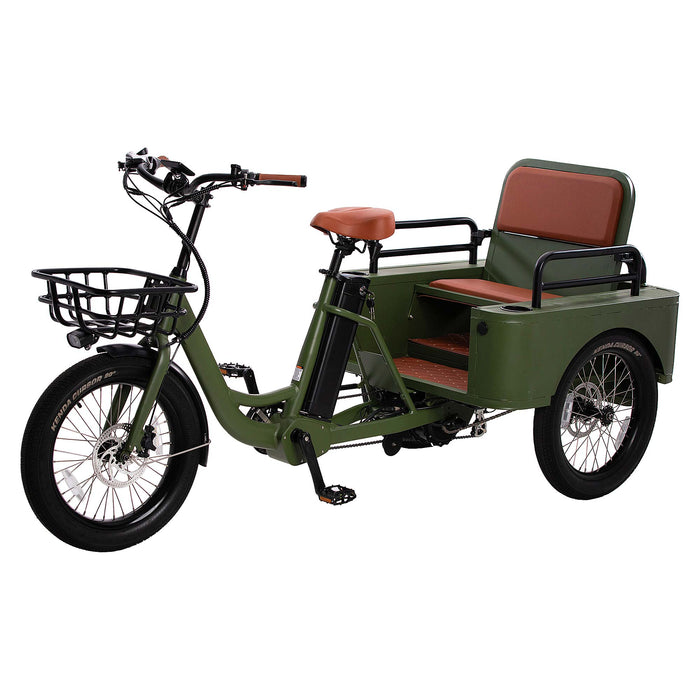 Side view of the Oh Wow Cycles Conductor+ Plus Rickshaw Electric Trike in Army Green color.