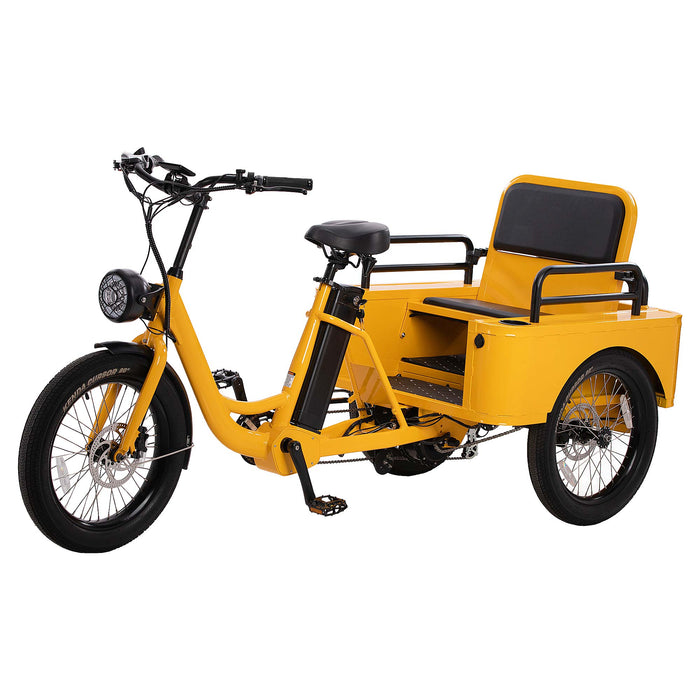 Side view of the Oh Wow Cycles Conductor+ Plus Rickshaw Electric Trike in School Bus Yellow color.