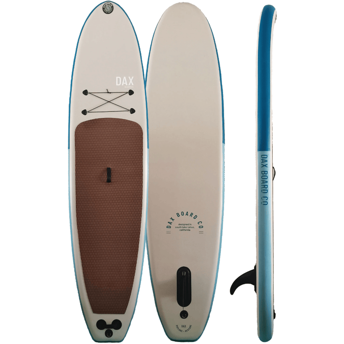 Product image of the Dax Board Co. Air High Tide Inflatable SUP's top, bottom and side.