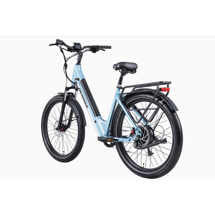 Denago Commute 1 Step-Thru Light Blue Product Photo Rear Diagonal Left Side View