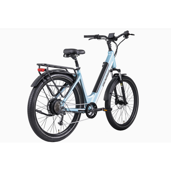 Denago Commute 1 Step-Thru Light Blue Product Photo Rear Diagonal View Right Side