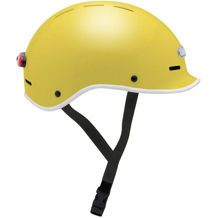 Electric Bike Co. Custom E-Helmet in Tweety Yellow with white trim and black strap.