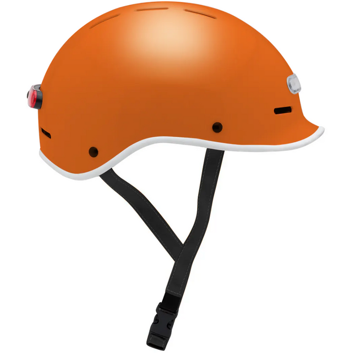 Electric Bike Co. Custom E-Helmet in Orange Crush with white trim and black strap.