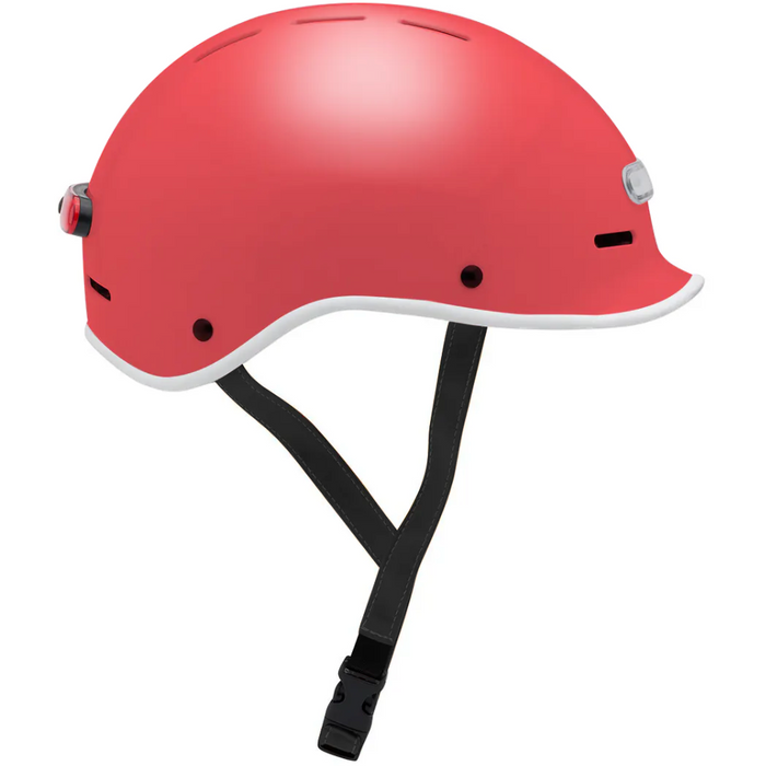 Electric Bike Co. Custom E-Helmet in Living Coral Pink with white trim and black strap.