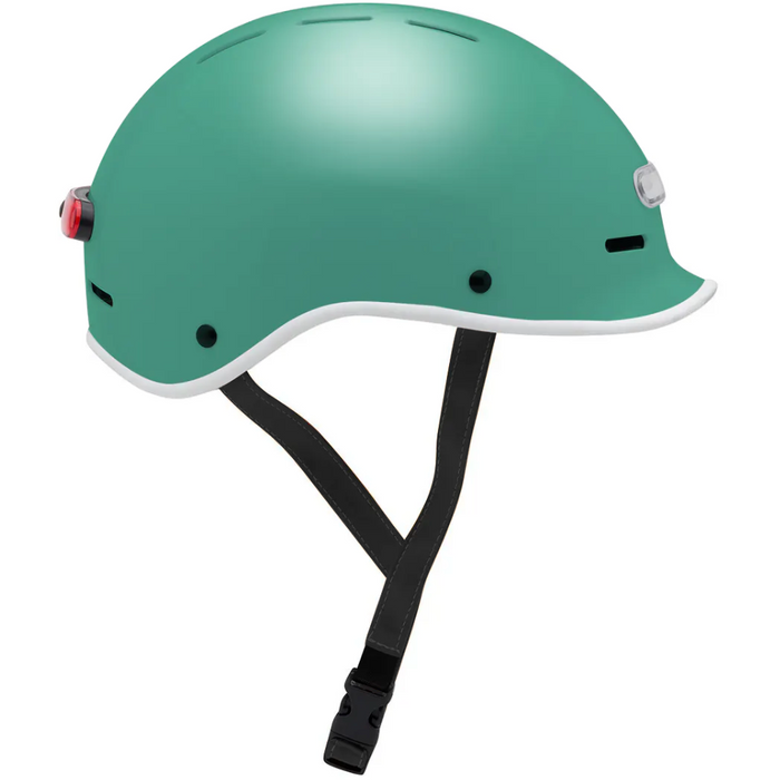 Electric Bike Co. Custom E-Helmet in Keyes Green with white trim and black strap.