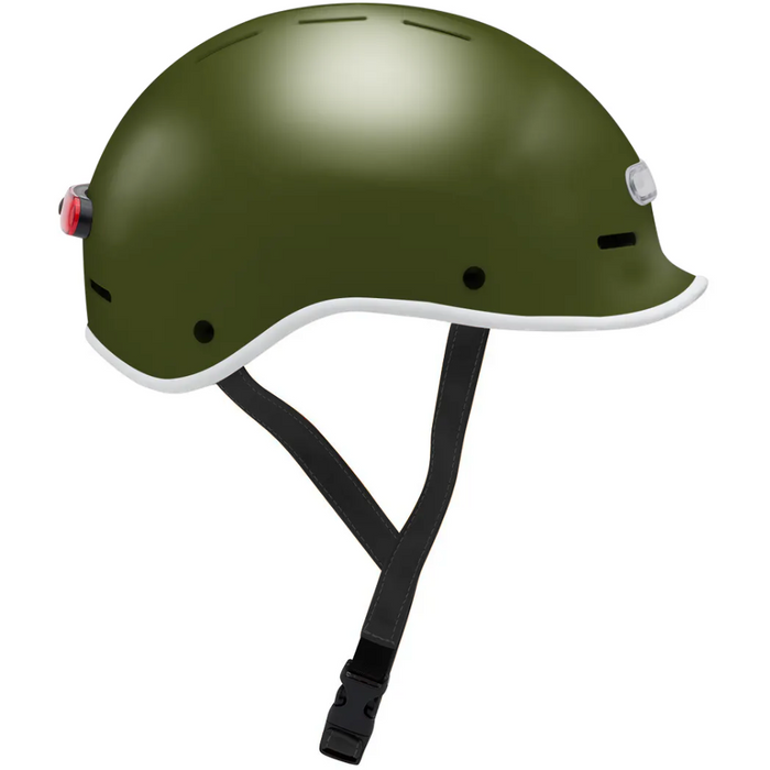 Electric Bike Co. Custom E-Helmet in Army Green with white trim and black strap.