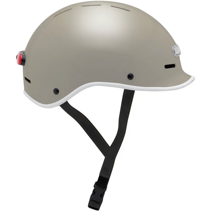 Electric Bike Co. Custom E-Helmet in Sunset Gray with white trim and black strap.