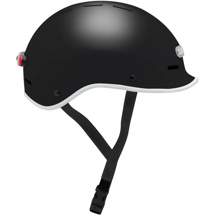 Electric Bike Co. Custom E-Helmet in black with black strap and white trim.