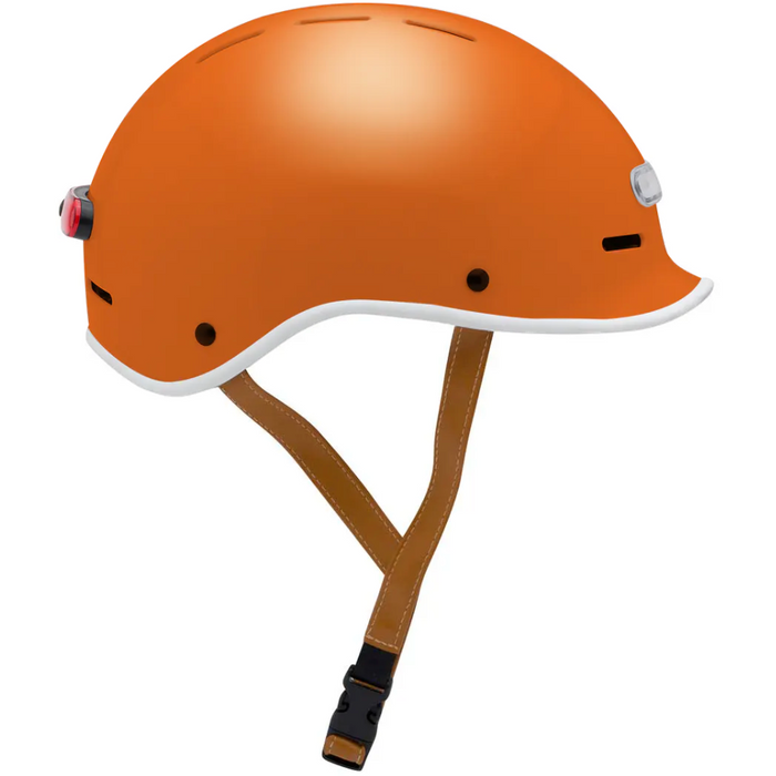 Electric Bike Co. Custom E-Helmet in Orange Crush with white trim and tan strap.