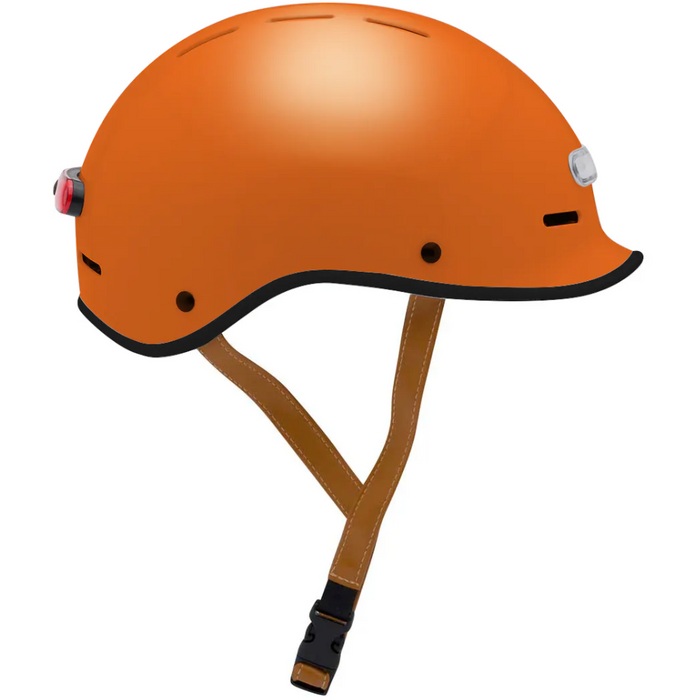 Electric Bike Co. Custom E-Helmet in Orange Crush with black trim and tan strap.