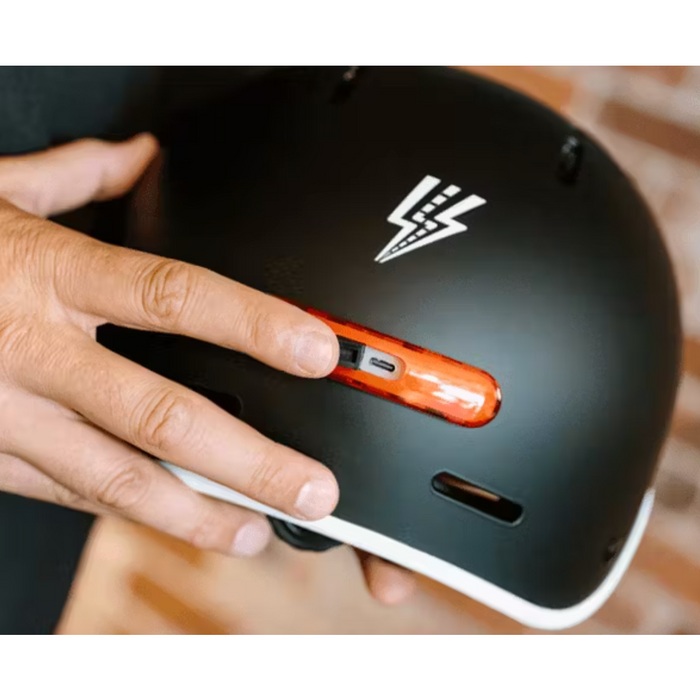 Electric Bike Co. Custom E-Helmet's integrated lights for safety.