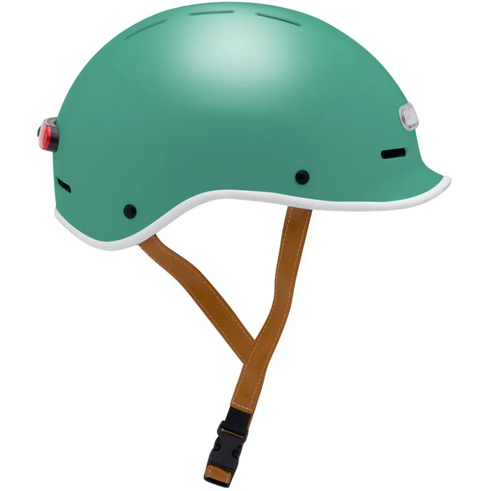 Electric Bike Co. Custom E-Helmet in Keyes Green with white trim and tan strap.