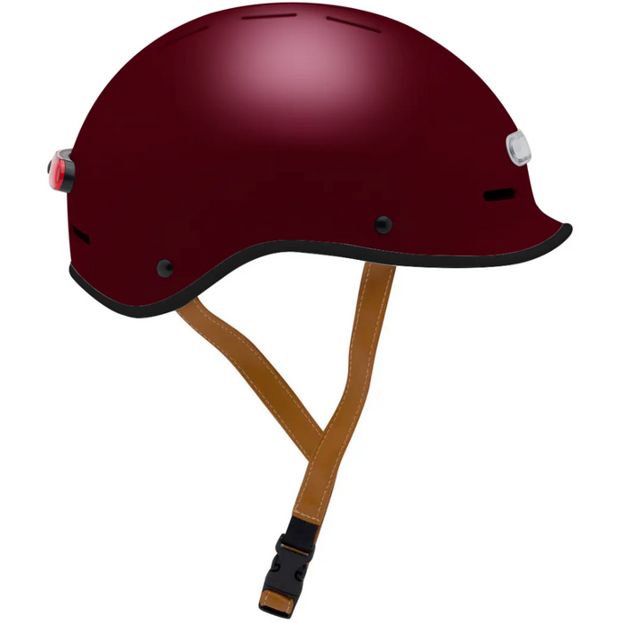 Electric Bike Co. Custom E-Helmet in Kong Red with black trim and tan strap.