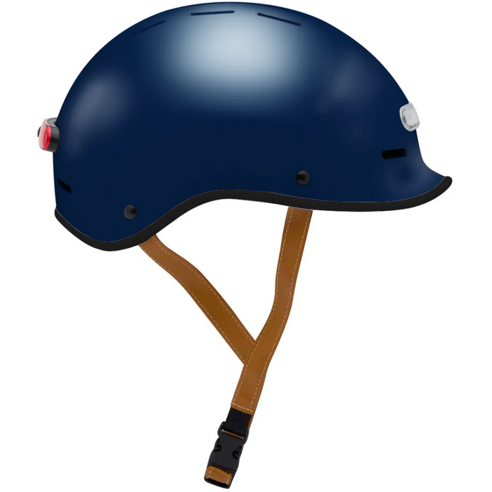 Electric Bike Co. Custom E-Helmet in Midnight Blue with black trim and tan strap.