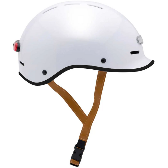 Electric Bike Co. Custom E-Helmet in white with black trim and tan strap.