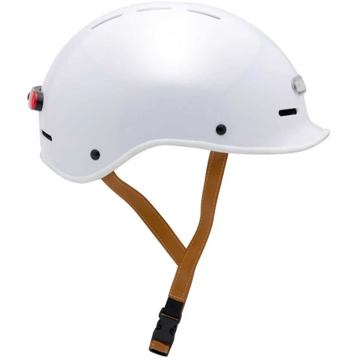 Electric Bike Co. Custom E-Helmet in white with tan strap and white trim.