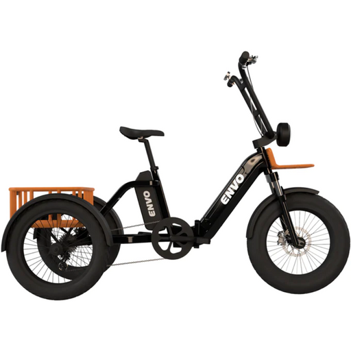 ENVO Flex Trike in orange with dual batteries showing ride side view.