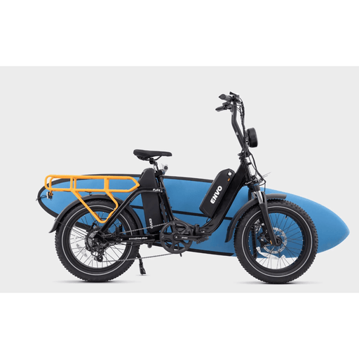 ENVO Flex Overland Foldable Electric Bike with surfboard on attached bike rack.