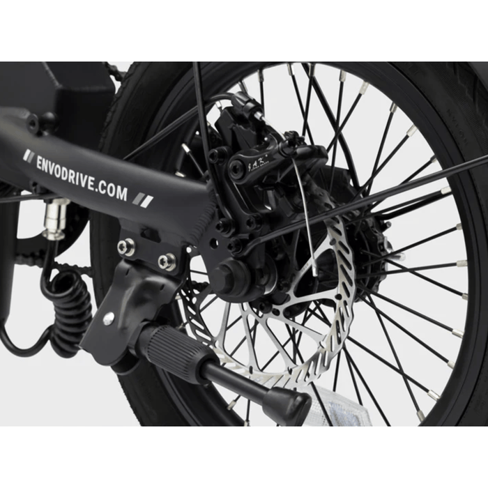 ENVO Lynx Foldable Electric Bike's rear wheel, hub motor and kickstand.