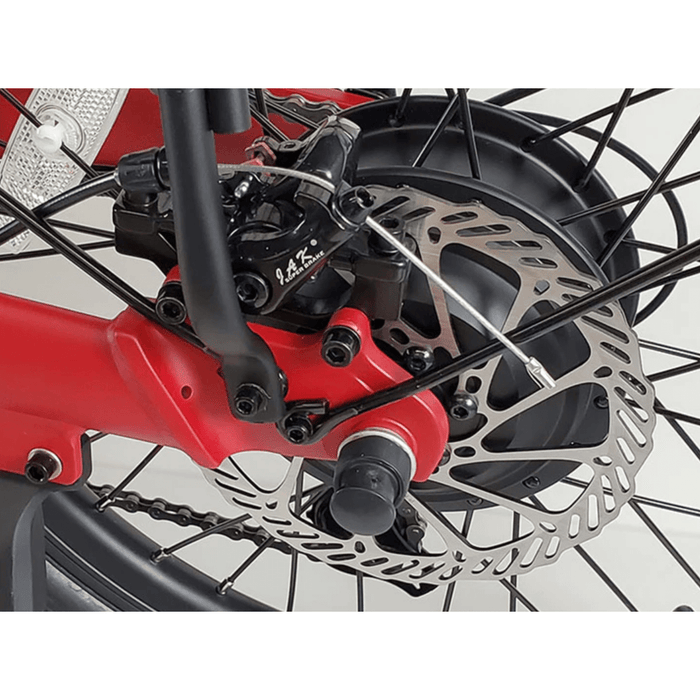 Red ENVO Lynx Folding eBike's rear wheel and its components.