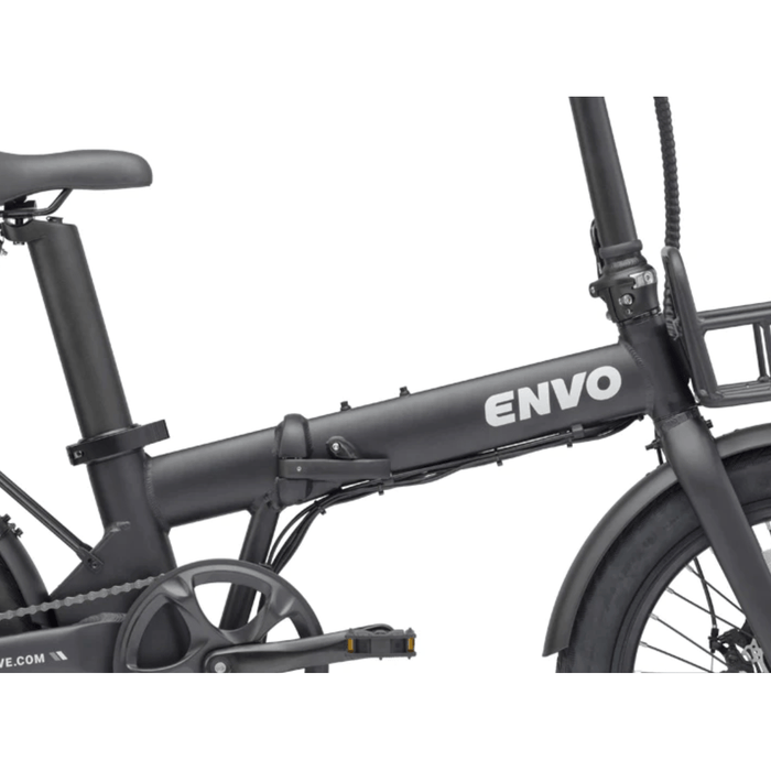 Black ENVO Lynx Foldable Electric Bike and its folding mechanism.