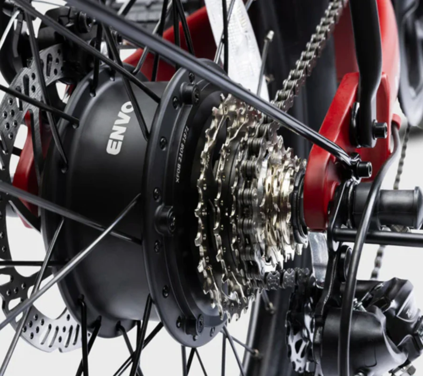 Close up product image of an ENVO Lynx Folding Electric Bike's geared hub motor.