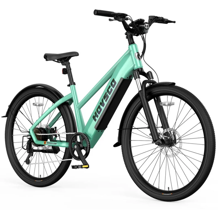 HOVSCO HovCity Electric Bike in Ocean Green with right side showing at diagonal.