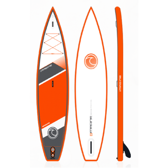 Product image of the orange Imagine Surf Mission SUP's top, bottom, and side views.