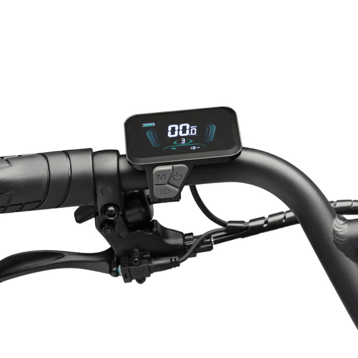 Digital display on a JackRabbit MG Renegade electric bicycle handlebar with control buttons.
