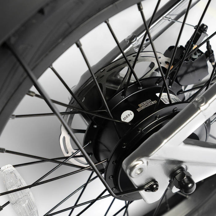 Close-up of a JackRabbit MG Renegade electric bike wheel with a gear and chain mechanism on a white background.