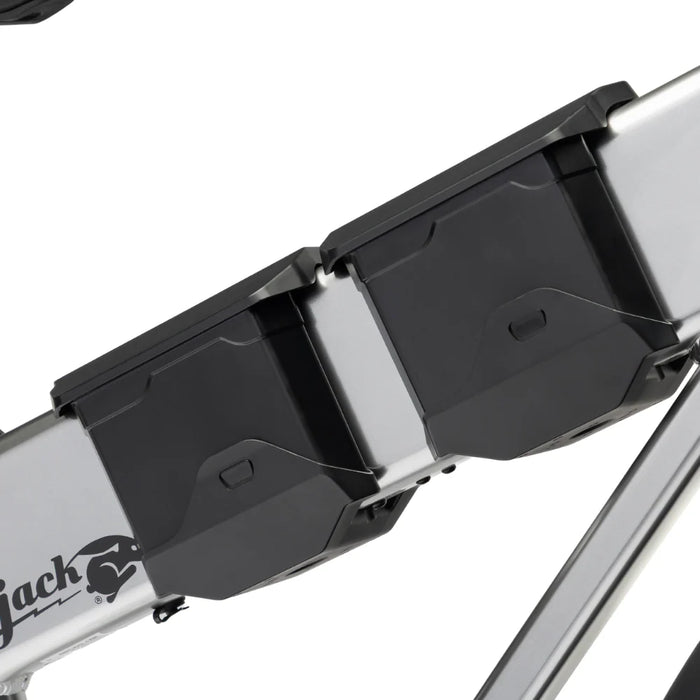 Close-up of a two RangeBuster batteries on a JackRabbit MG Renegade electric bike bicycle frame with JackRabbit logo.