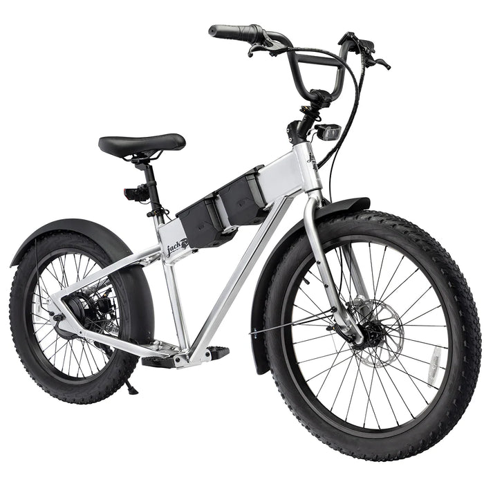 JackRabbit MG Renegade silver electric bike with a white background.