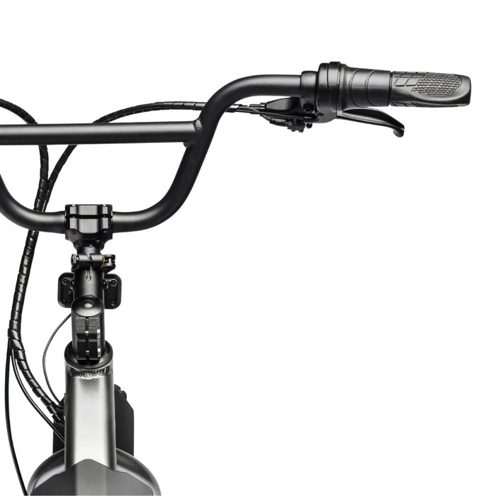 Close-up of a JackRabbit MG Renegade ebike bicycle handlebar with brake levers on a white background.