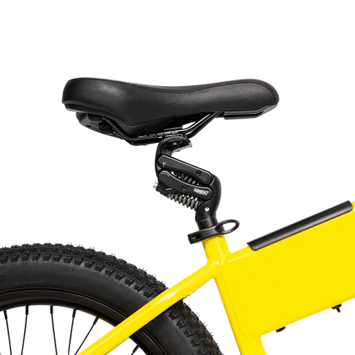 Close up product image of JackRabbit Kinekt seat post on yellow ebike.