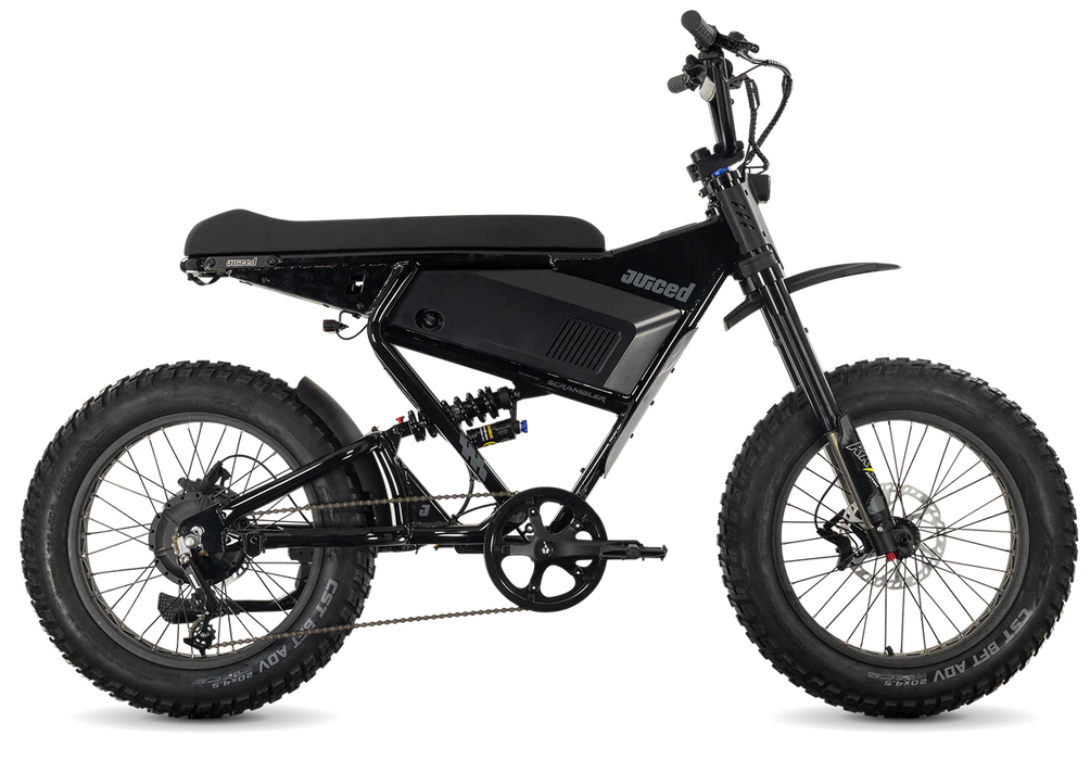 Juiced Scrambler Black Full Suspension eBike with a white background. 