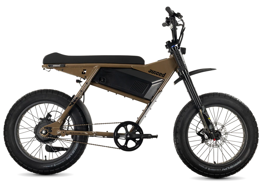 Juiced Scrambler Mocha Hardtail eBike with a white background. 