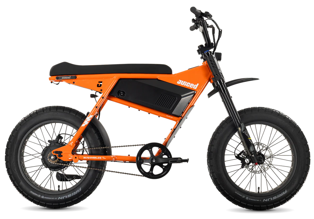 Juiced Scrambler Orange Hardtail eBike with a white background. 