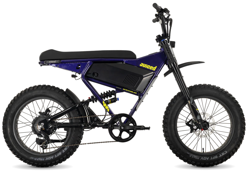 Juiced Scrambler Grape Juice Full Suspension eBike with a white background. 