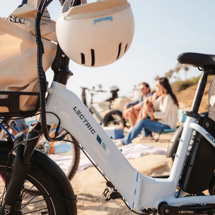Lectric Trike2 Glacier Blue eTrike parked on the beach.