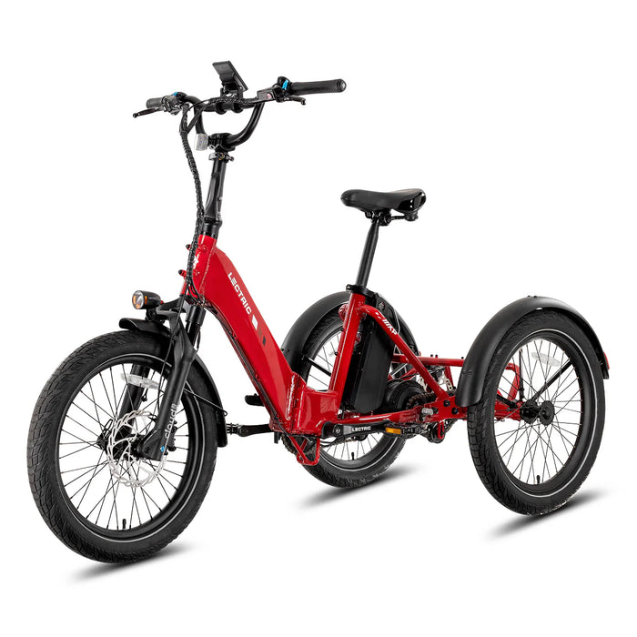 Lectric XP Trike2 750 Phoenix Red eTrike parked at an angle. 