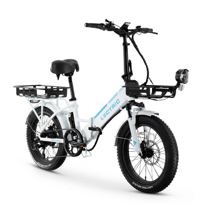 Lectric XP Step-Thru 3.0 White eBike at an angle.