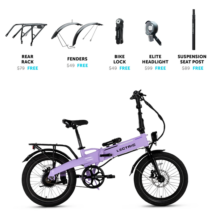 Lavender Haze Lectric XP LIte 2.0 eBike's accessory package. 