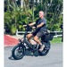 Man riding Lectric XP4 folding electric bike on paved path with palm trees in background.