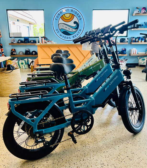 Lectric XP4 folding electric bikes in stock at Current Riders in Fort Myers Beach.