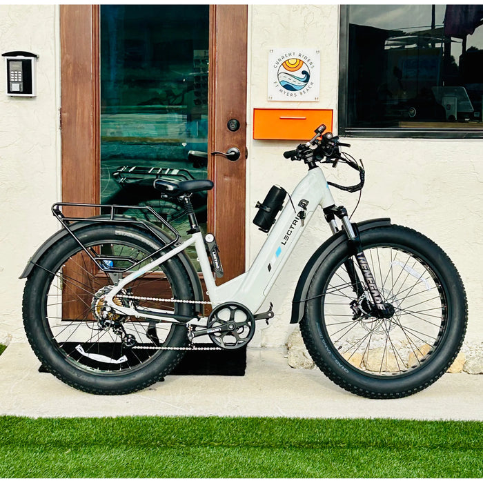 Lectric XPeak 2.0 parked in front of Current Riders, Fort Myers Beach.