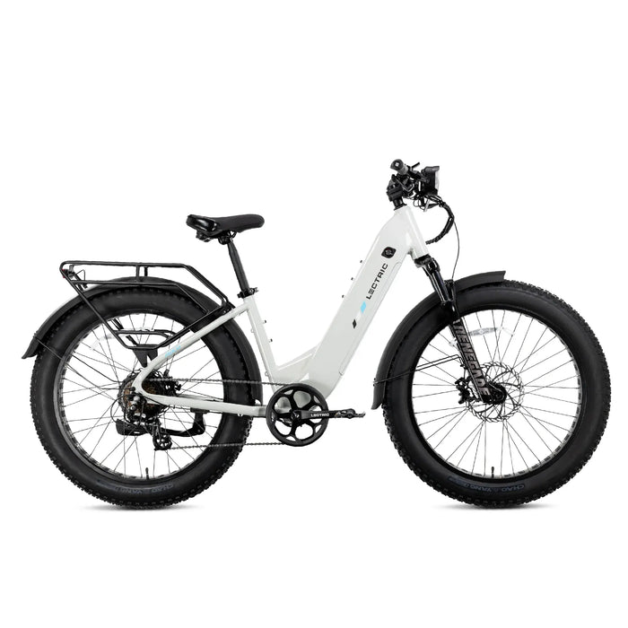 Lectric XPeak 2.0 White electric bicycle with back rack. 